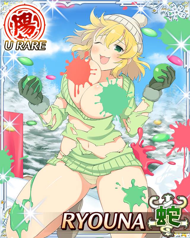 1girl :3 ass beanie blonde_hair border bouncing_breasts breasts card_(medium) character_name cleavage convenient_censoring game_cg gluteal_fold green_eyes green_panties green_sweater hat ink_splatter ink_stain jumping large_breasts legs_up masochism medium_hair messy_hair midair navel official_art open_mouth outdoors paintball panties pom_pom_(clothes) pom_pom_beanie ryouna_(senran_kagura) senran_kagura senran_kagura_new_wave skindentation smile snow snowball snowball_fight solo sweater third-party_source unaligned_breasts underwear