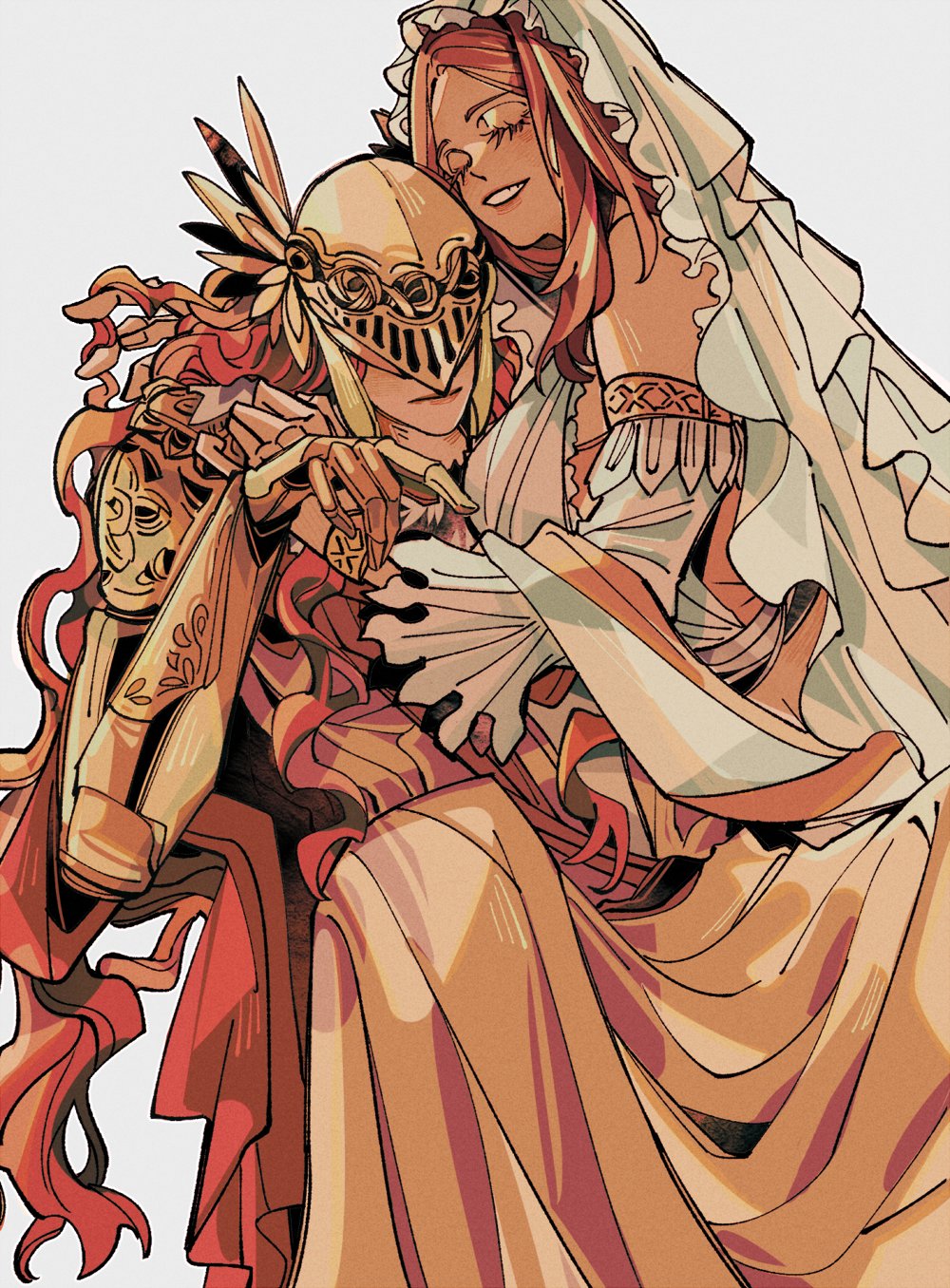 2girls breasts brown_hair cape closed_mouth company_connection covered_eyes crossover curvy dark_souls_(series) dark_souls_i drenched-in-sunlight dress elden_ring fromsoftware helmet highres hug large_breasts long_hair looking_at_viewer malenia_blade_of_miquella multiple_girls prosthesis prosthetic_arm queen_of_sunlight_gwynevere red_cape red_hair simple_background smile very_long_hair wife_and_wife winged_helmet yuri