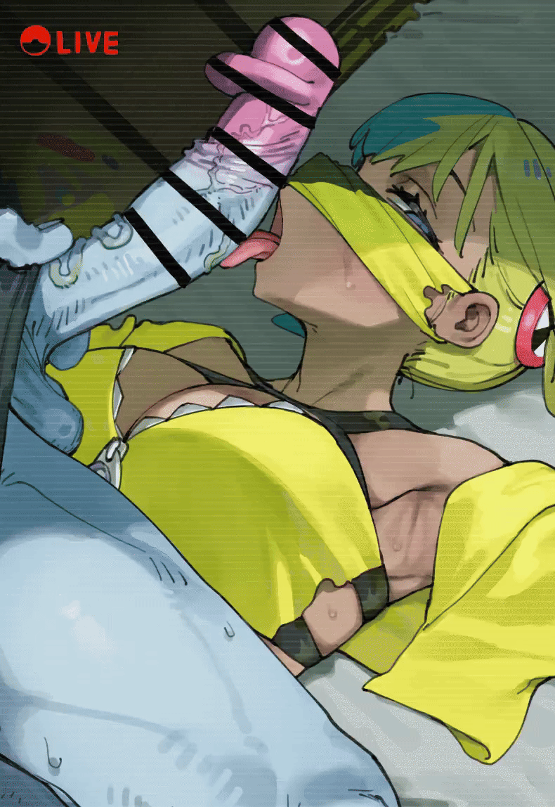 1girl animated animated_gif aqua_hair arm_up armpits bandeau bar_censor blinking blonde_hair blue_eyes blue_skin breast_zipper breasts canari_(pokemon) censored colored_skin criss-cross_halter dark-skinned_female dark_skin duplicate fellatio fellatio_under_mask halterneck jacket large_breasts large_penis licking licking_penis livestream lonklink looking_at_viewer looping_animation lying mask mask_lift mouth_mask multicolored_hair narrowed_eyes nintendo on_back oral penis pokemon pokemon_legends:_z-a short_hair split-color_hair two-tone_mask yellow_bandeau yellow_jacket