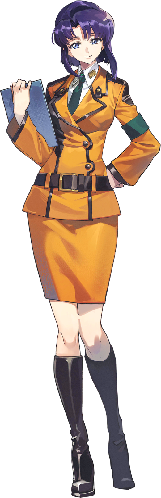 1girl armband belt blue_eyes breasts cecile_croomy closed_mouth code_geass code_geass:_genesic_re;code collared_shirt cropped_torso crossed_arms full_body green_necktie happy highres holding holding_paper jacket long_sleeves looking_at_viewer medium_breasts military_uniform necktie official_art orange_jacket paper purple_hair shirt short_hair sidelocks simple_background smile solo standing transparent_background upper_body white_shirt