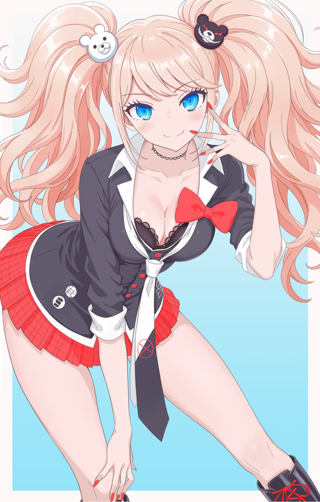 1girl ale_pocot bare_legs bear_hair_ornament bent_over black_boots black_bra black_cardigan blonde_hair blue_eyes boots bra breasts cardigan character_hair_ornament choker cleavage closed_mouth collarbone commentary_request danganronpa:_trigger_happy_havoc danganronpa_(series) enoshima_junko gyaru hair_ornament large_breasts long_hair miniskirt monokuma nail_polish necktie pleated_skirt red_nails red_skirt school_uniform skirt smile solo thighs twintails underwear very_long_hair white_necktie