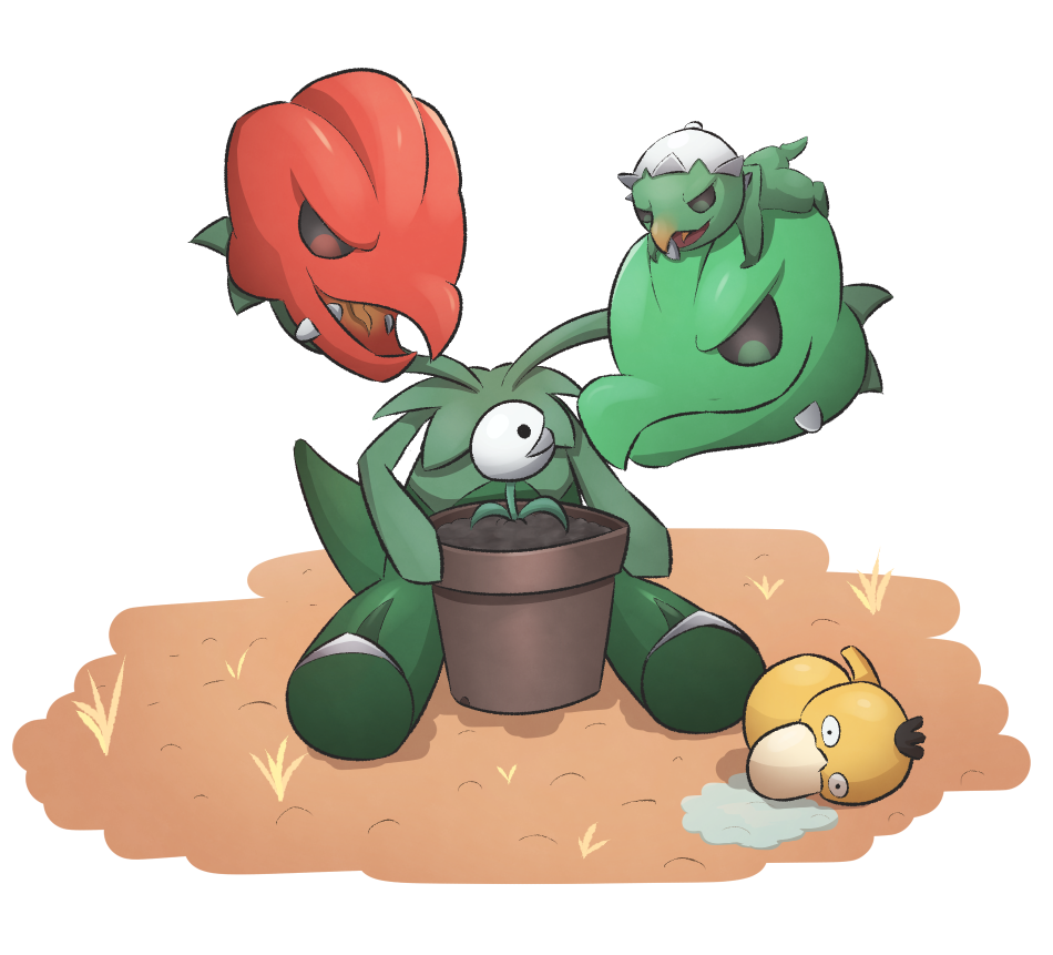 capsakid chiriwi closed_mouth commentary_request company_connection crossover evolutionary_line fangs flower_pot gen_1_pokemon grass mario_(series) multiple_heads nintendo nipper_plant no_humans on_head open_mouth plant pokemon pokemon_(creature) pokemon_focus pokemon_on_head potted_plant psyduck scovillain sitting smile sprayduck