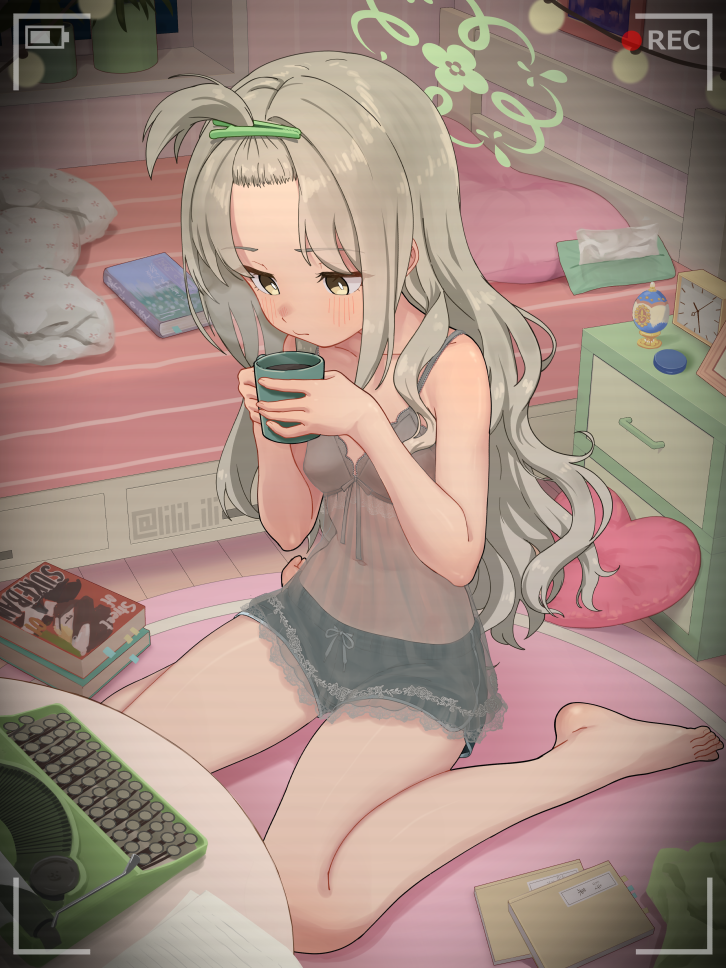 1girl bangs_pinned_back barefoot battery_indicator blue_archive closed_mouth commentary_request cup green_halo grey_hair halo holding holding_cup indoors long_hair miyo_(blue_archive) paid_reward_available recording sitting solo special_cat variant_set viewfinder wariza yellow_eyes