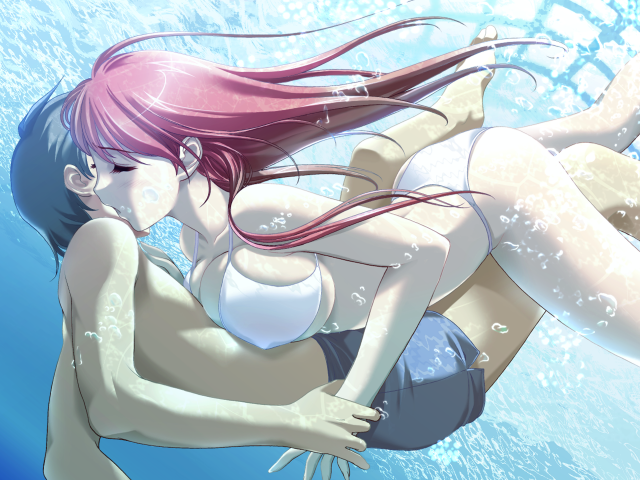 1boy 1girl akibakei_kanojo aoi_ren bikini breast_press breasts couple eyes_closed freediving game_cg hetero huge_breasts kiss long_hair pink_hair pool sano_toshihide shindou_nikita short_hair swimsuit underboob underwater