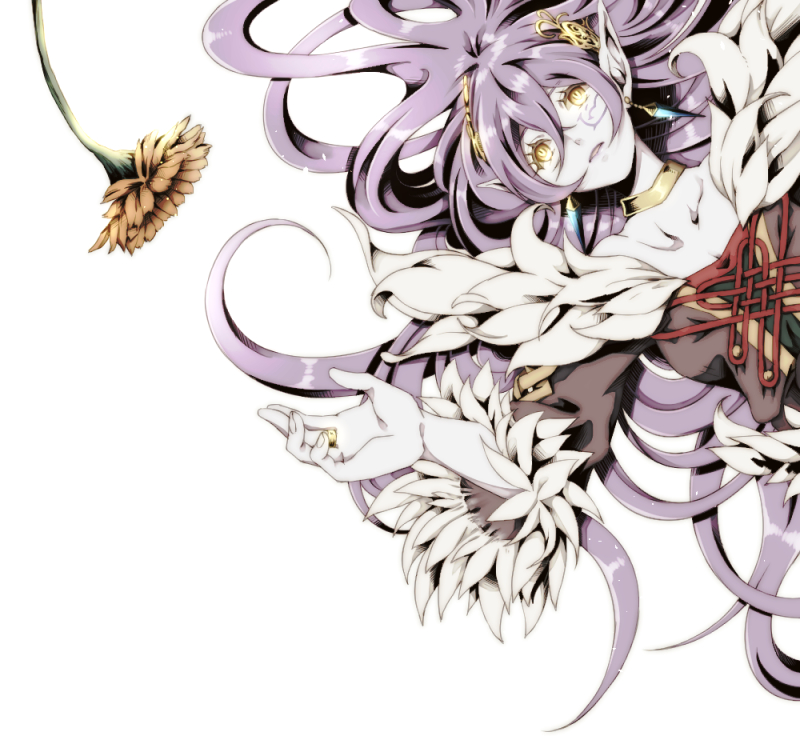 1girl brown_dress circlet collarbone commentary dark_queen_(sonic) dress earrings facial_mark feather-trimmed_dress feather-trimmed_sleeves flower gold_choker hair_between_eyes jewelry long_hair long_sleeves looking_at_object lying merlina_(sonic) neck_ring on_back open_mouth pointy_ears purple_hair solo sonic_(series) sonic_and_the_black_knight t_akiko very_long_hair white_background yellow_eyes