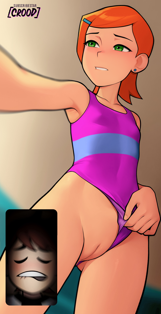 1boy 1girl armpits artist_name asymmetrical_hair ben_10 ben_tennyson biting_own_lip blush breasts cleft_of_venus clothing_aside collarbone cousins cowboy_shot earrings fake_screenshot flat_chest gluteal_fold green_eyes gwen_tennyson hair_ornament hairclip highleg highleg_one-piece_swimsuit highres incest jewelry loli loodncrood one-piece_swimsuit orange_hair presenting_pussy purple_one-piece_swimsuit pussy pussy_focus selfie short_hair small_breasts stud_earrings swimsuit swimsuit_aside thighs uncensored