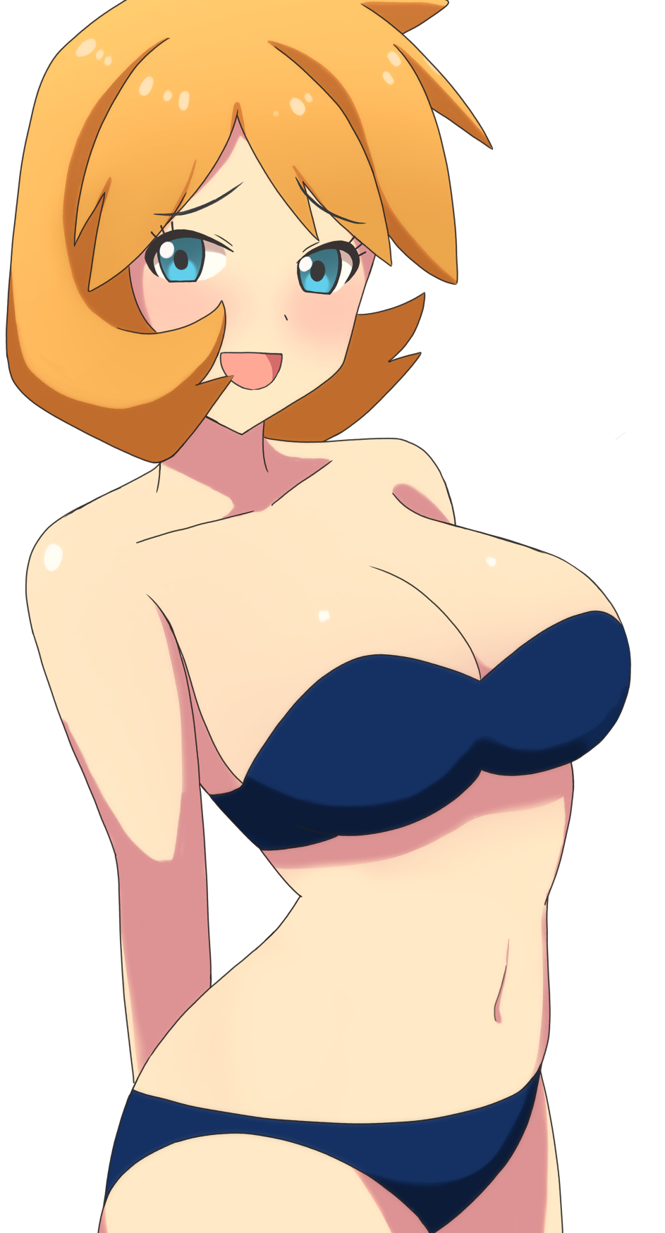 1girl :d arms_behind_back bare_shoulders bikini blue_bikini blue_eyes blush breasts cleavage collarbone cowboy_shot eyelashes large_breasts looking_at_viewer medium_hair misty_(pokemon) navel neng_(user_fyxc8875) nintendo open_mouth orange_hair parted_bangs pokemon pokemon_gsc pokemon_hgss raised_eyebrows short_hair simple_background smile solo stomach strapless strapless_bikini swimsuit white_background