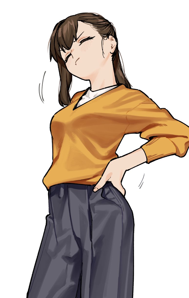 1girl black_pants breasts brown_hair closed_eyes hand_on_own_hip hands_on_own_hips highres long_hair long_sleeves muchi_maro orange_shirt original pants shirt simple_background solo white_background yellow_shirt