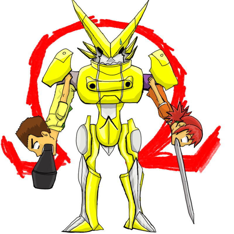 cannon digimon hinomoto_akari omega_symbol omegashoutmon simple_background sword tsurugi_zenjirou weapon what white_background bad_tag
