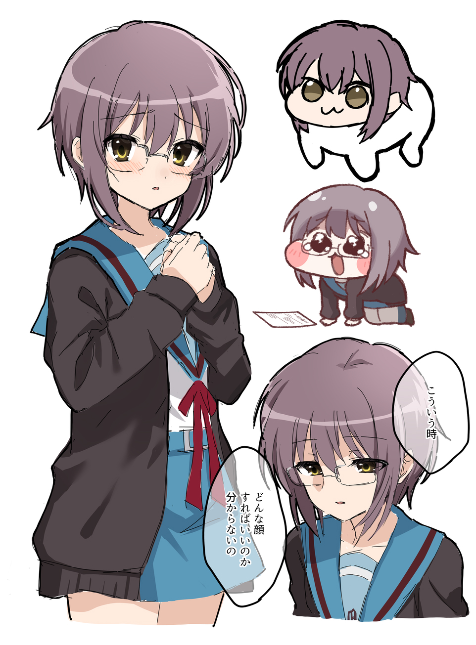 1girl :3 black_cardigan blue_sailor_collar blue_skirt blush cardigan doro_(nikke) glasses goddess_of_victory:_nikke highres kita_high_school_uniform kuuma25_kuma meme multiple_views nagato_yuki open_cardigan open_clothes purple_hair sailor_collar school_uniform short_hair simple_background skirt speakiposting_(meme) speech_bubble suzumiya_haruhi_no_yuuutsu translation_request white_background yellow_eyes