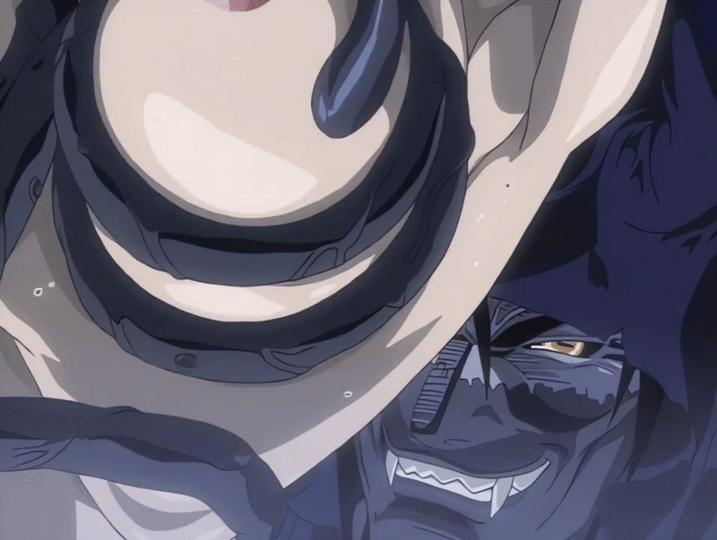 00s 1girl 2002 animated animated_gif bible_black bible_black_gaiden breasts cloak demon demon_boy fangs groping groping_breast hood hoodie large_breasts nipples smile sweat tagme takashiro_hiroko tentacles yellow_eyes