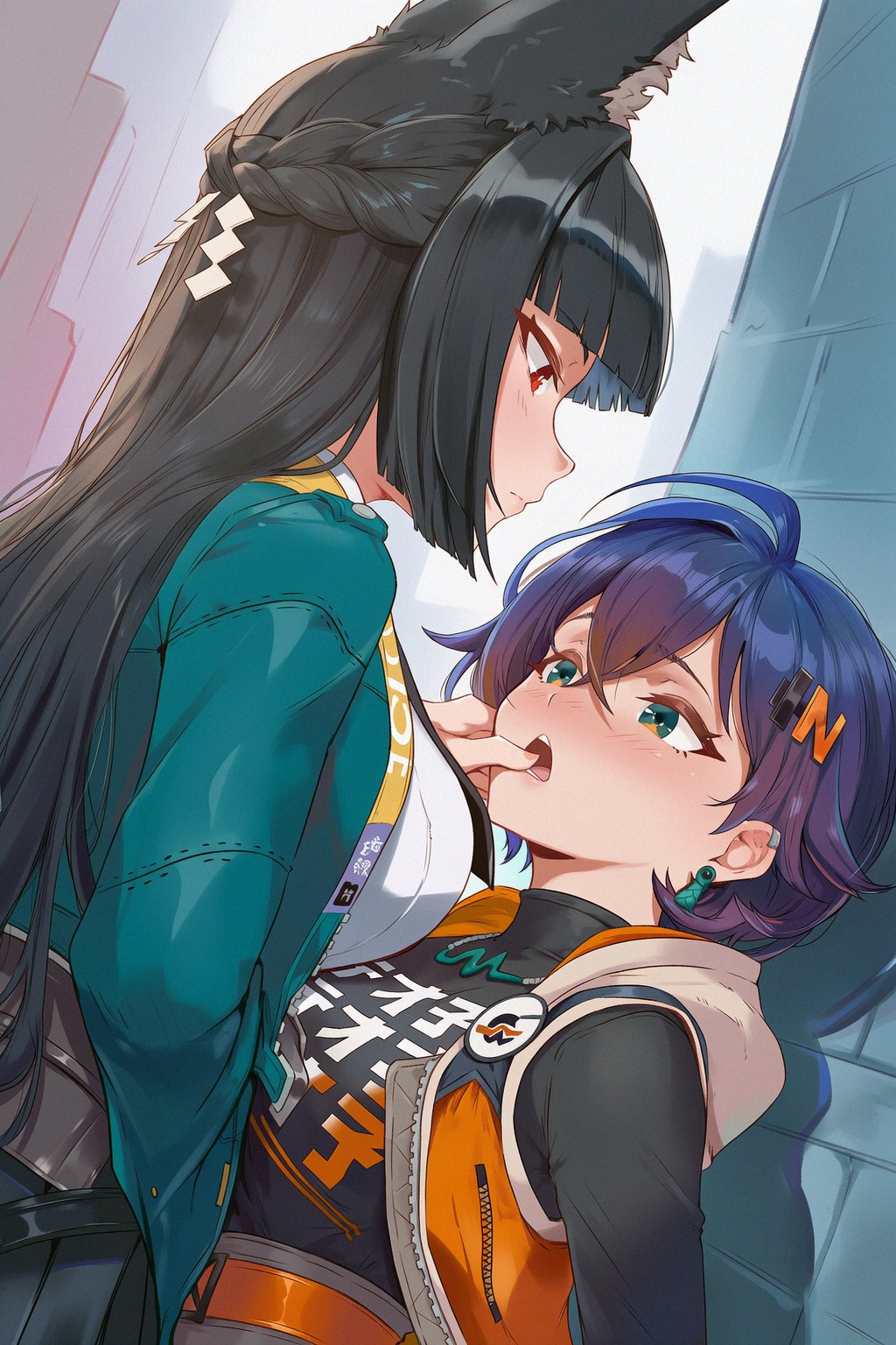 2girls animal_ears belle_(zenless_zone_zero) belt blush earrings finger_in_another&#039;s_mouth green_eyes hair_ornament hairclip hikari_illust hoshimi_miyabi jacket jewelry long_hair multiple_girls open_mouth purple_hair red_eyes short_hair yuri zenless_zone_zero zipper