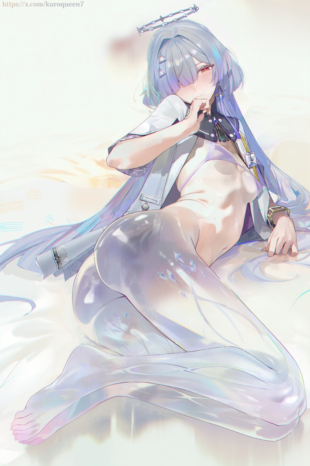 1girl barefoot bikini bikini_top_only chromatic_aberration closed_mouth commentary earrings english_commentary feet grey_hair hair_ornament hair_over_one_eye half-closed_eye halo hand_up heavy_chromatic_aberration highres id_card jacket jewelry long_hair looking_at_viewer lying misaka_12003-gou mornye_(wuthering_waves) navel on_side paid_reward_available purple_bikini red_eyes see-through_body solo stomach swimsuit thighs toes triangle_earrings white_jacket wuthering_waves