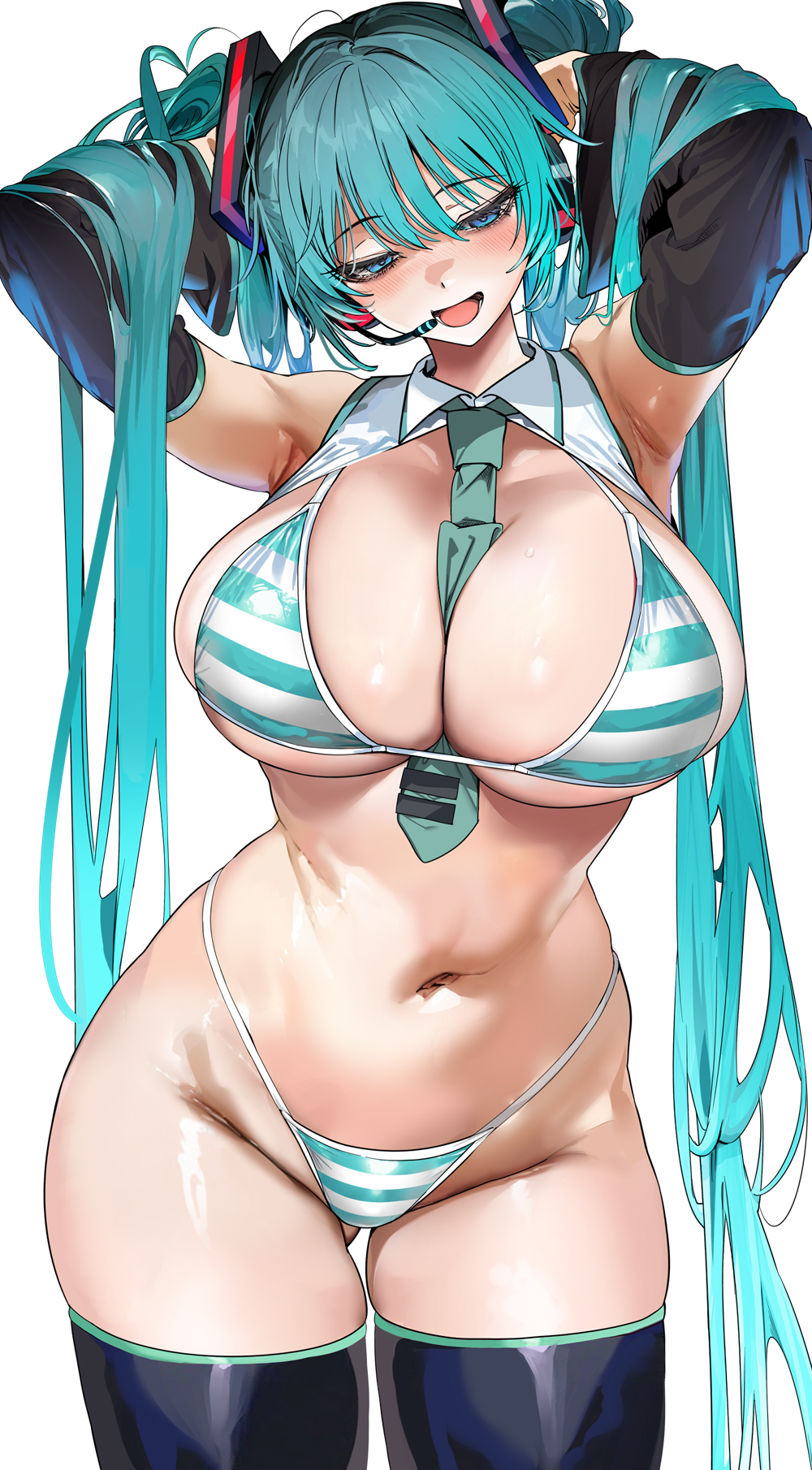 1girl :d aqua_hair armpits arms_up bare_shoulders between_breasts bikini black_sleeves blue_eyes blush breasts commentary cowboy_shot detached_sleeves gluteal_fold green_necktie hands_in_own_hair hatsune_miku highres huge_breasts long_hair long_sleeves marushin_(denwa0214) navel necktie open_mouth sideboob simple_background smile solo stomach striped_bikini striped_clothes swimsuit thighs underboob very_long_hair vocaloid white_background