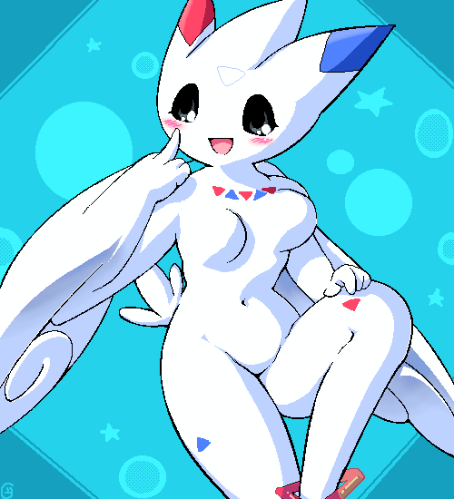 1girl anklet black_sclera blue_background blush breasts colored_sclera facial_mark forehead_mark furry g-sun gen_4_pokemon grey_eyes hand_on_own_knee index_finger_raised jewelry looking_at_viewer medium_breasts navel nintendo nipples open_mouth pokemon pokemon_(creature) sitting smile star_(symbol) tail togekiss triangle triangle_facial_mark white_fur wings