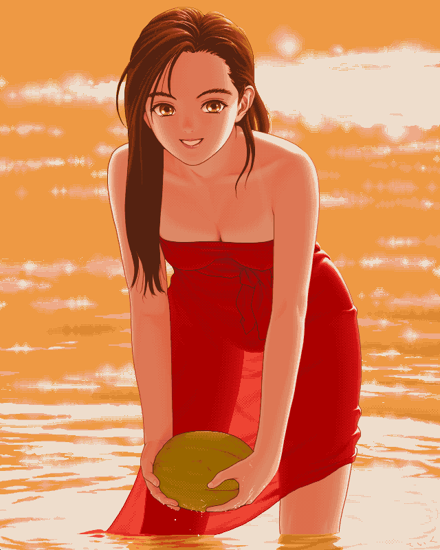 1990s_(style) 1girl ambiguous_orange_liquid archived_source asymmetrical_bangs asymmetrical_dress bare_arms bare_legs bare_shoulders blurry blurry_background breasts brown_eyes brown_hair caustics character_request cleavage collarbone commentary_request copyright_request curtained_hair dithering dress dripping evening food fruit grin hair_behind_ear hair_over_shoulder holding holding_food holding_fruit holding_watermelon leaning_forward long_hair looking_at_viewer medium_breasts ocean orange_theme partially_submerged pc-98_(style) pixel_art red_dress red_ribbon refraction retro_artstyle ribbon sagging_breasts see-through_clothes see-through_dress see-through_silhouette smile solo standing strapless strapless_dress tan tanline teiku_(take) v_arms waist_ribbon water watermelon wet