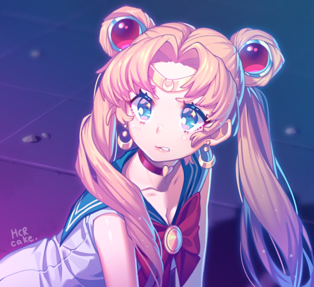1girl artist_name bishoujo_senshi_sailor_moon blonde_hair blue_eyes blue_sailor_collar bow choker circlet collarbone commentary crescent crescent_earrings double_bun earrings h_ikenuma hair_bun heart heart_choker jewelry long_hair magical_girl meme parted_lips red_bow red_choker sailor_collar sailor_moon sailor_moon_redraw_challenge_(meme) sailor_senshi_uniform solo tsukino_usagi twintails