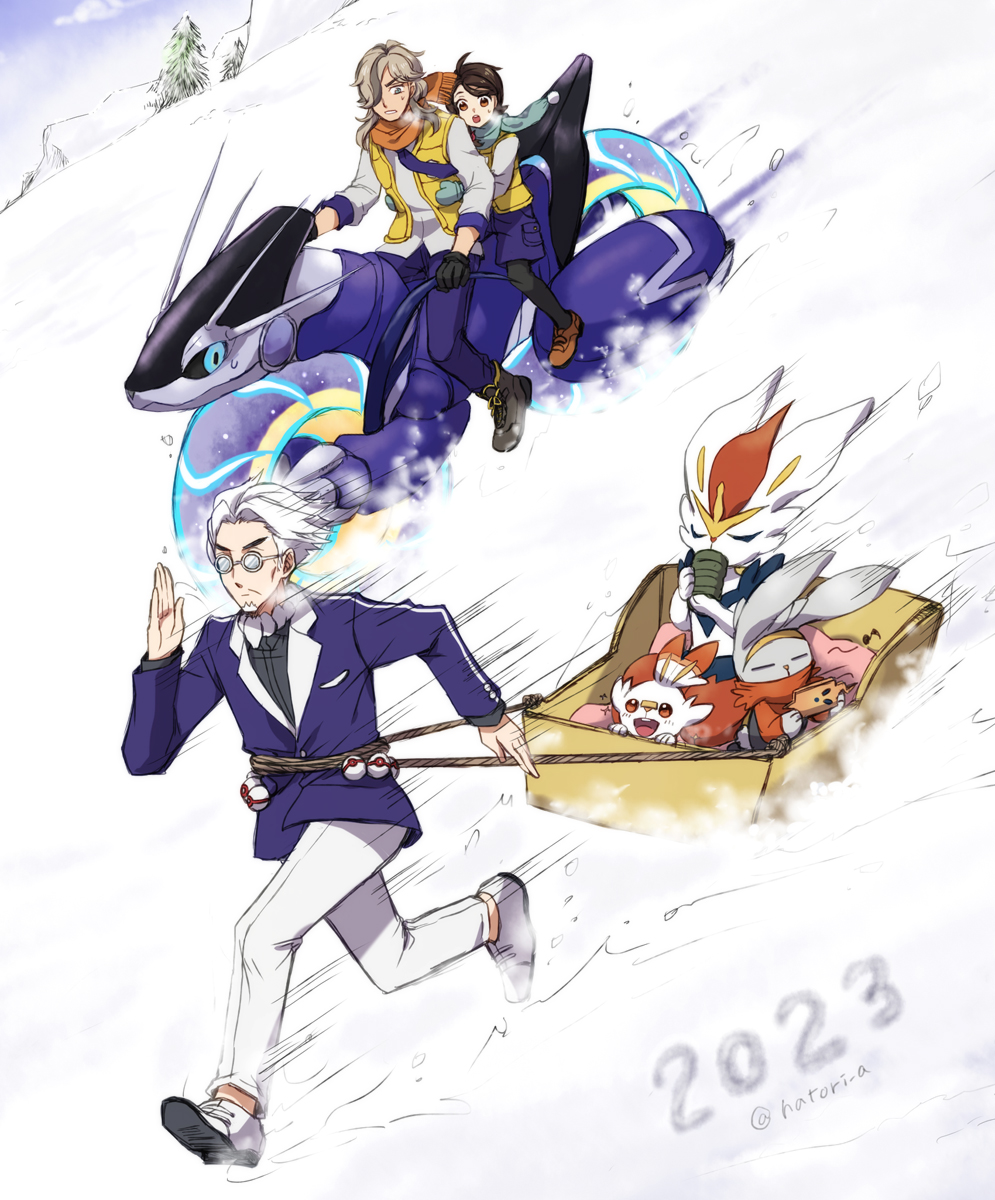 1girl 2023 2boys arven_(pokemon) black_pantyhose brown_footwear brown_hair chinese_zodiac cinderace clavell_(pokemon) commentary_request day gen_4_pokemon gen_8_pokemon gloves hatori_a highres jacket juliana_(pokemon) legendary_pokemon long_sleeves miraidon motion_lines multiple_boys nintendo open_clothes open_vest orange_scarf outdoors pants pantyhose poke_ball pokemon pokemon_(creature) pokemon_sv premier_ball purple_jacket purple_pants purple_shorts raboot riding riding_pokemon rotom rotom_phone running scarf scorbunny shirt shoes shorts sled snow vest white_footwear white_pants year_of_the_rabbit yellow_vest