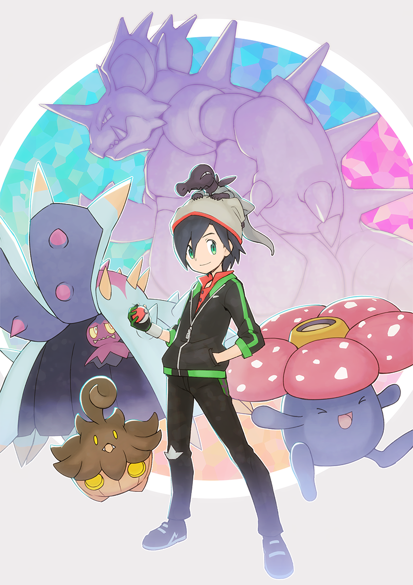 1boy black_gloves black_hair black_jacket closed_eyes closed_mouth creature creature_on_head degarashi_(ponkotsu) fangs fingerless_gloves gen_1_pokemon gen_6_pokemon gen_7_pokemon gloves glowing glowing_eyes green_eyes green_gloves hair_between_eyes hand_in_pocket hat holding jacket male_focus multicolored_gloves nidoking nintendo on_head open_mouth partially_fingerless_gloves poke_ball poke_ball_(basic) pokemon pokemon_(creature) pokemon_on_head pokemon_swsh pumpkaboo salandit smile standing teeth toxapex victor_(pokemon) vileplume yellow_eyes zipper zipper_pull_tab