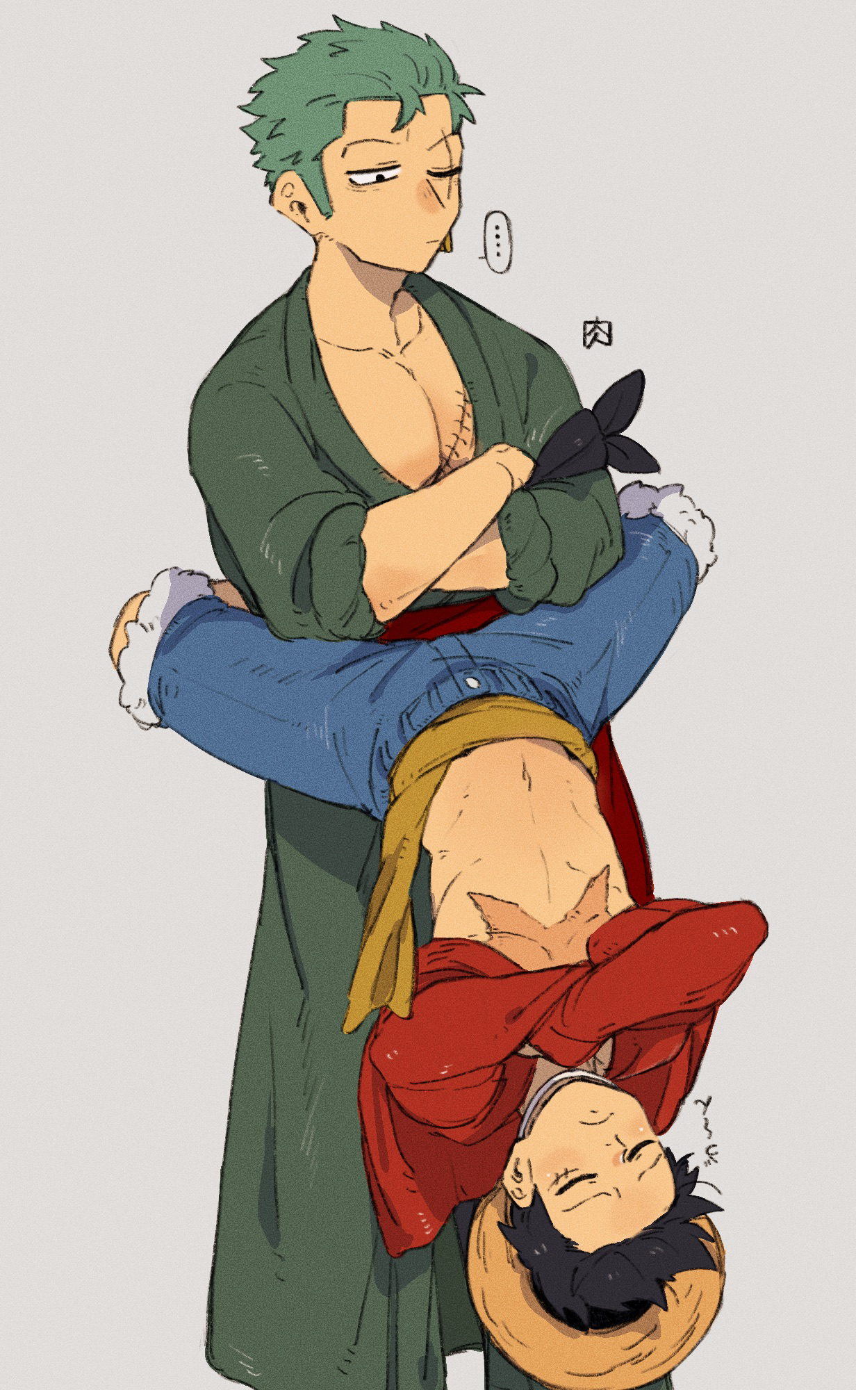 akr29, monkey d. luffy, roronoa zoro, one piece, highres, translated, ...,  2boys, bandana, bandana around arm, black bandana, black eyes, black hair,  blue shorts, closed eyes, closed mouth, coat, crossed arms, earrings,, image size:1232x2000