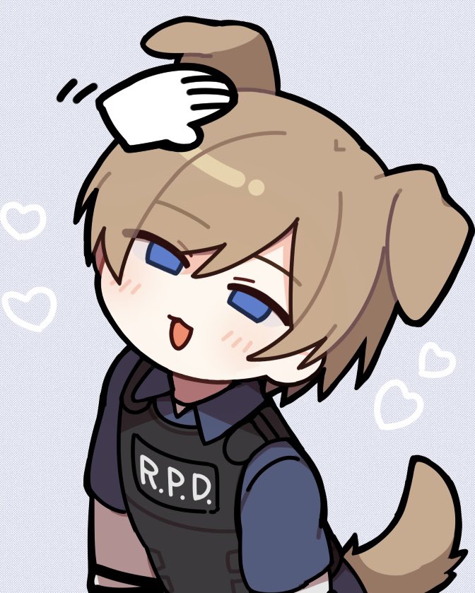 1boy animal_ears black_vest blue_eyes blue_shirt brown_hair bulletproof_vest collared_shirt commentary dog_boy dog_ears dog_tail headpat heart leon_s._kennedy male_focus open_mouth parted_bangs police police_uniform redvvvred resident_evil resident_evil_2 shirt short_sleeves smile symbol-only_commentary tail vest