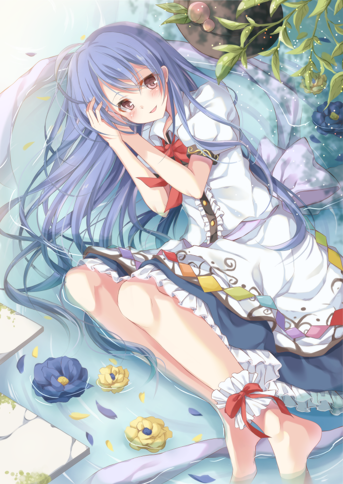 1girl ankle_garter barefoot blue_hair blush dress erika_(ym0311) female_focus flower food frilled_skirt frills fruit hands_in_own_hair hat hinanawi_tenshi in_water layered_dress leaf long_hair looking_at_viewer lying on_side parted_lips peach puffy_short_sleeves puffy_sleeves red_eyes short_sleeves skirt solo touhou unworn_hat unworn_headwear