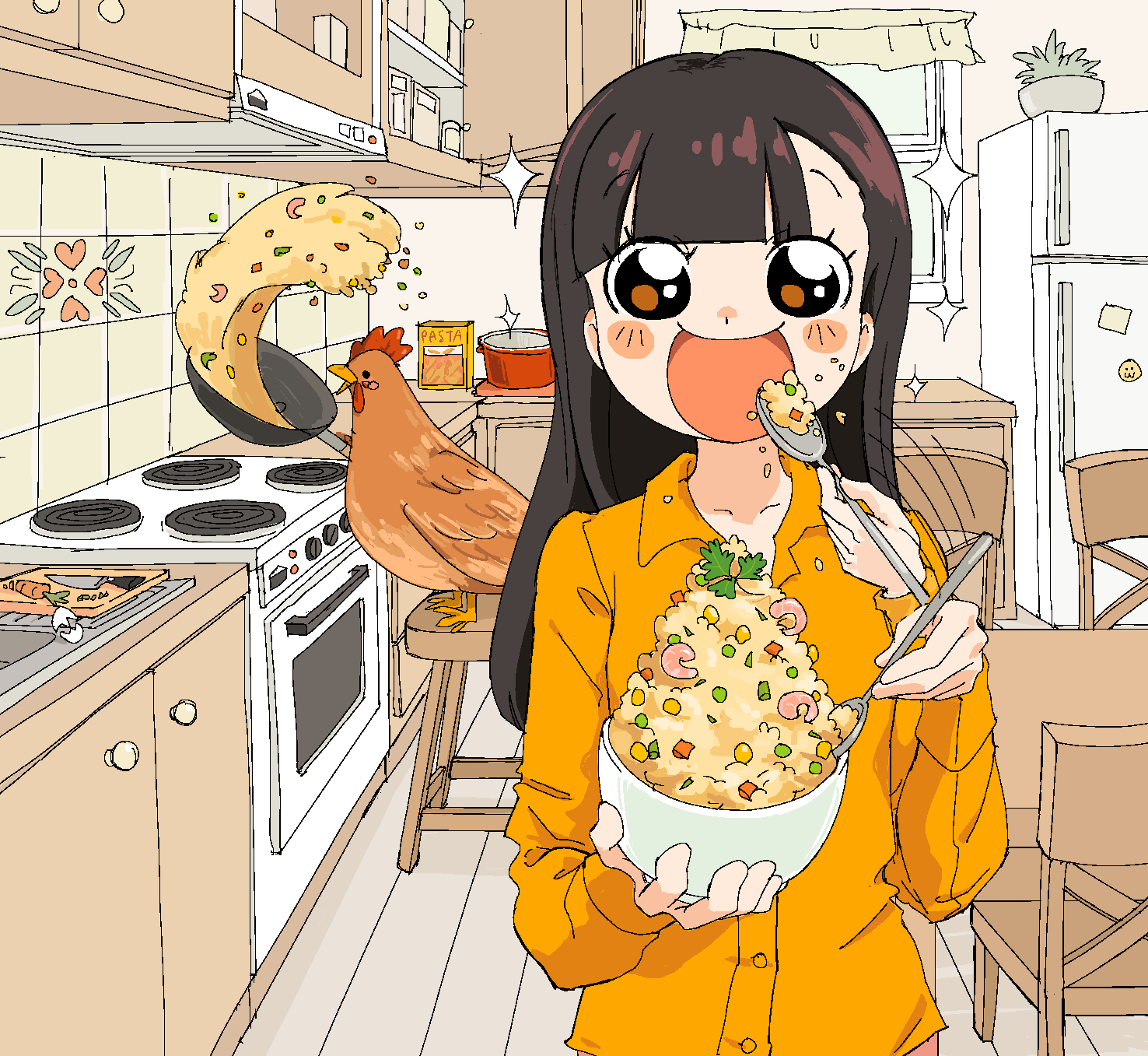 1girl :d afterimage bird black_hair blunt_bangs blush brown_eyes carrot chair chicken collared_shirt commentary cooking corn eating english_commentary food fried_rice_prank_(meme) highres holding holding_spoon indoors kitchen long_hair long_sleeves looking_at_viewer meme open_mouth orange_shirt original oven refrigerator rice shirt shrimp shrimp_fried_this_rice_(meme) smile solo spoon stove sweetbreadyay table upper_body window wok