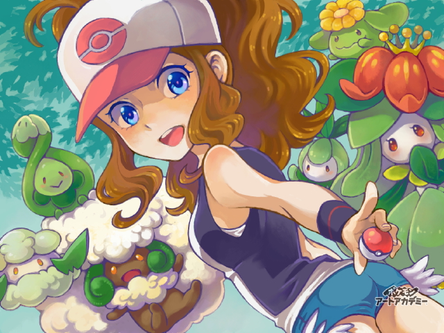 1girl :d art_academy_(medium) ass bare_shoulders baseball_cap black_vest blue_eyes blue_shorts breasts brown_hair budew commentary_request cottonee cutoffs flat_ass gen_2_pokemon gen_4_pokemon gen_5_pokemon hat hilda_(pokemon) holding holding_poke_ball lilligant long_hair medium_breasts micro_shorts nintendo open_clothes open_mouth open_vest petilil poke_ball poke_ball_(basic) pokemon pokemon_(creature) pokemon_bw ponytail saikachi_(ogre_tree) shirt shorts sidelocks skiploom sleeveless sleeveless_shirt smile teeth twisted_torso upper_teeth_only vest whimsicott white_shirt wristband