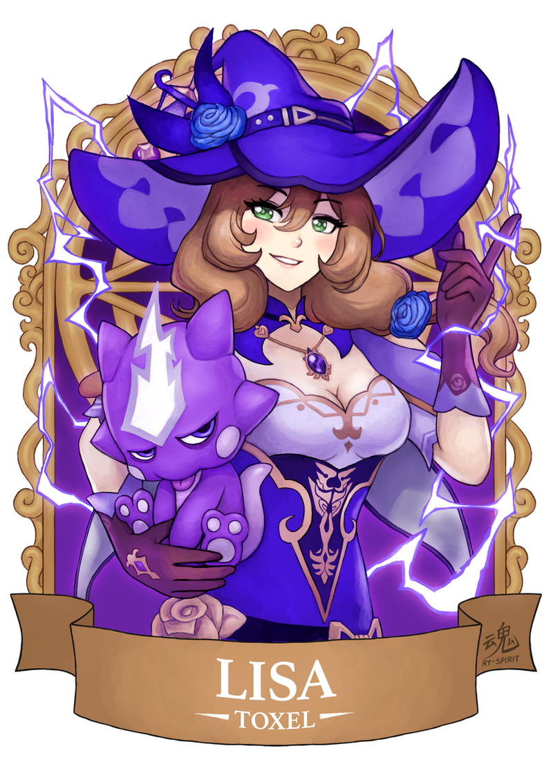 1girl :d banner breasts brown_hair carrying character_name cleavage commentary crossover detached_collar english_commentary gen_8_pokemon genshin_impact gloves green_eyes hair_between_eyes hat jewelry lightning lisa_(genshin_impact) long_hair looking_at_viewer low-tied_long_hair necklace nintendo open_mouth pokemon pokemon_(creature) purple_gloves ry-spirit short_sleeves sidelocks smile toxel vision_(genshin_impact) witch_hat