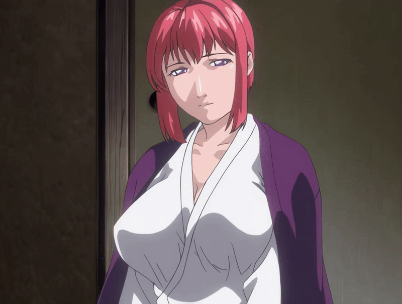 00s 1girl 2006 animated animated_gif anime_screenshot bible_black bible_black_new_testament breasts computer futon laptop large_breasts mature_female monk no_bra purple_eyes red_hair religious robe shin_bible_black short_hair tagme takashiro_hiroko veil