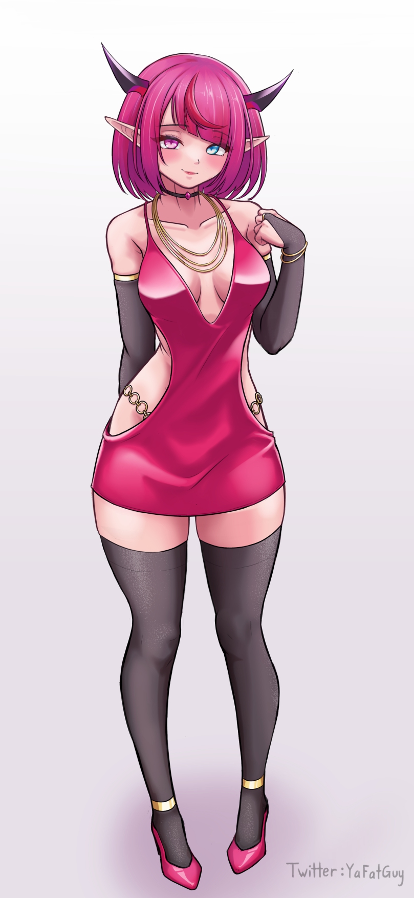 1girl alternate_costume aqua_eyes bare_shoulders black_choker black_gloves black_hair blush breasts choker closed_mouth clothing_cutout commentary dress elbow_gloves eyelashes fingerless_gloves full_body gloves heterochromia high_heels highres hip_vent hololive hololive_english horns irys_(hololive) jewelry medium_hair multicolored_hair necklace pink_dress pink_eyes pink_hair pink_shoes pointy_ears red_hair shoes smile solo standing streaked_hair thighhighs twitter_username two-tone_hair virtual_youtuber yafatguy zettai_ryouiki