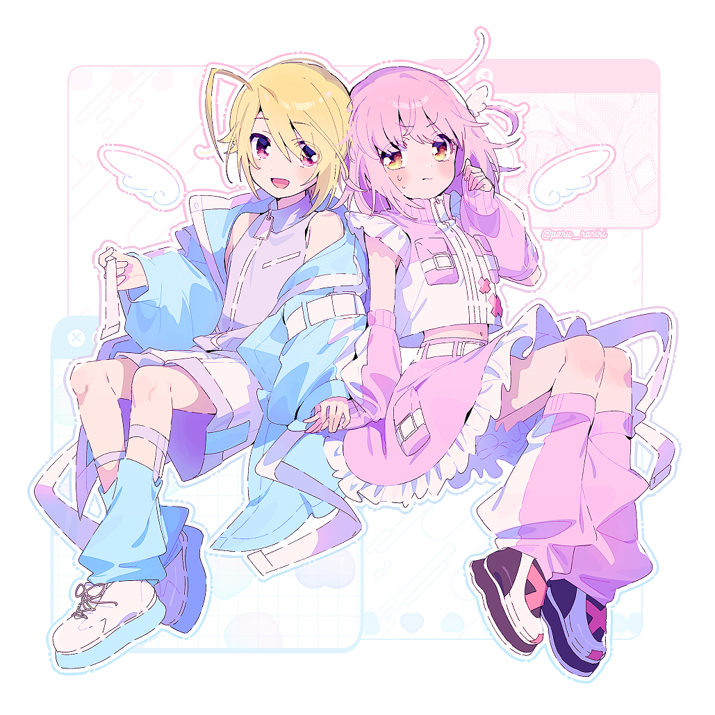 1boy 1girl ahoge alternate_costume angel_wings arm_belt bare_shoulders belt belt_buckle bird blonde_hair blue_jacket blue_leg_warmers buckle cartoon_wings commentary_request detached_wings dove eyes_visible_through_hair frilled_skirt frills full_body furrowed_brow grey_shirt hair_between_eyes hair_ornament happy hetero high-waist_skirt hinamori_amu holding holding_belt holding_hands hotori_tadase jacket leg_belt leg_warmers long_hair long_sleeves looking_at_another midriff mini_wings miniskirt multiple_belts navel one_side_up open_clothes open_jacket open_mouth outline pink_arm_warmers pink_eyes pink_hair pink_leg_warmers pink_shirt pink_skirt pocket puffy_long_sleeves puffy_sleeves purple_belt ribbed_socks serizawa_serizane shirt shoes short_hair shorts shugo_chara! sitting skirt sleeveless sleeveless_shirt smile sneakers socks sweat tenshi_kaiwai tsundere turtleneck turtleneck_shirt twitter_username two-tone_shirt white_background white_belt white_outline white_shirt white_shoes white_shorts white_wings window_(computing) wing_hair_ornament wings yellow_eyes zipper zipper_pull_tab