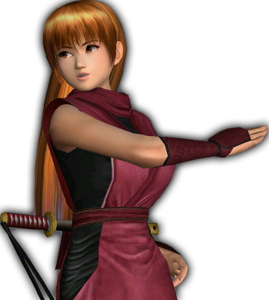 3d black_background breasts brown_eyes brown_hair copyright_request dead_or_alive dead_or_alive_dimensions fighting_stance fringe_trim gauntlets kasumi_alpha large_breasts long_hair ninja ninjatou official_art short_sword sidelocks simple_background sleeveless sword weapon white_background