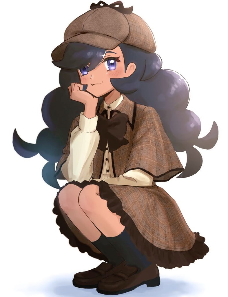 1girl black_hair bow bowtie brown_capelet brown_coat brown_hat capelet coat commentary_request dark-skinned_female dark_skin detective emma_(pokemon) hand_on_own_chin hat miigon99999 nintendo plaid_hat pokemon pokemon_xy smile squatting trench_coat white_background
