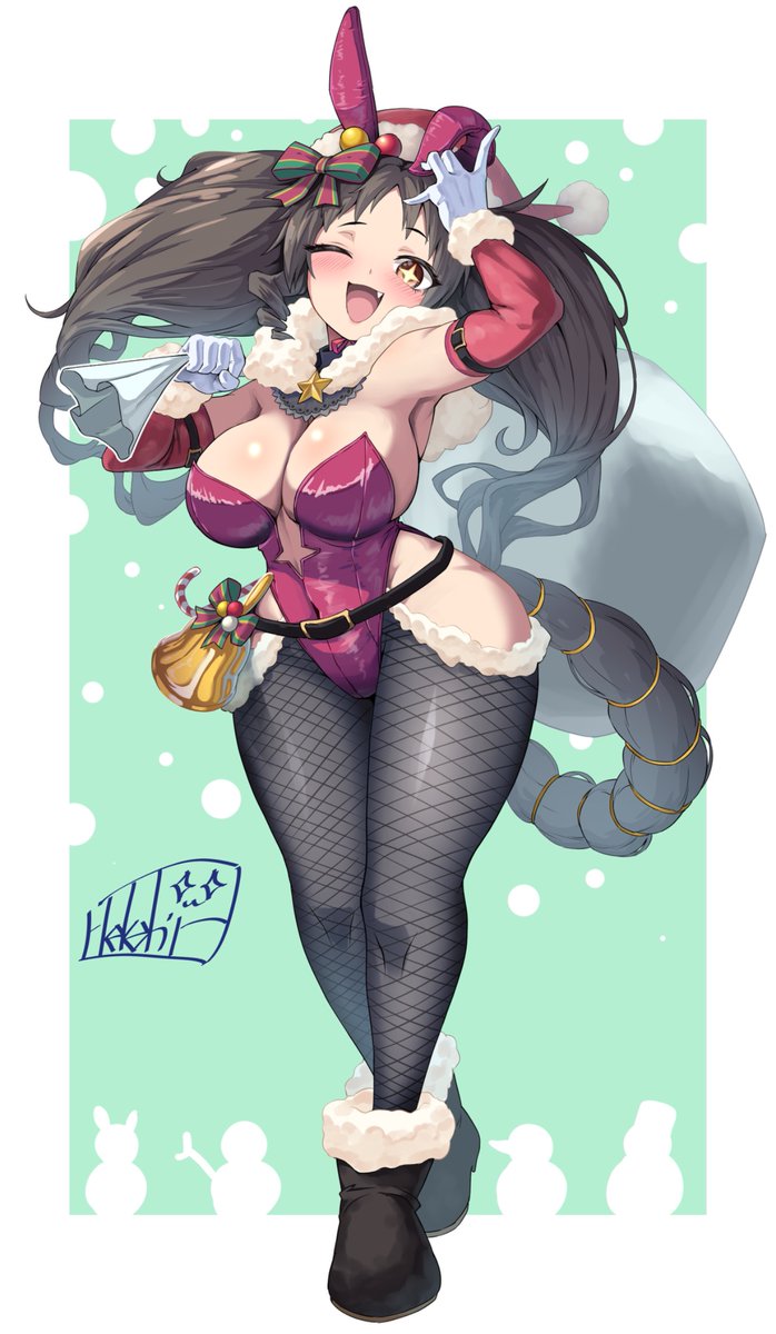 1girl bell belt black_boots black_hair black_hiphighs blush boots bow breasts brown_eyes capelet christmas cleavage covered_navel detached_sleeves ear_covers fang fishnet_hiphighs fishnets fur-trimmed_boots fur_capelet fur_trim gloves green_background hair_bow hat hekahire_isurus hiphighs holding holding_sack horse_girl horse_tail large_breasts leotard long_hair marvelous_sunday_(umamusume) one_eye_closed open_mouth rabbit_ears red_hat red_leotard red_sleeves ribbon sack santa_hat signature smile solo sparkling_eyes standing tail tail_ornament tail_ribbon twintails umamusume white_gloves wide_hips wink yellow_ribbon