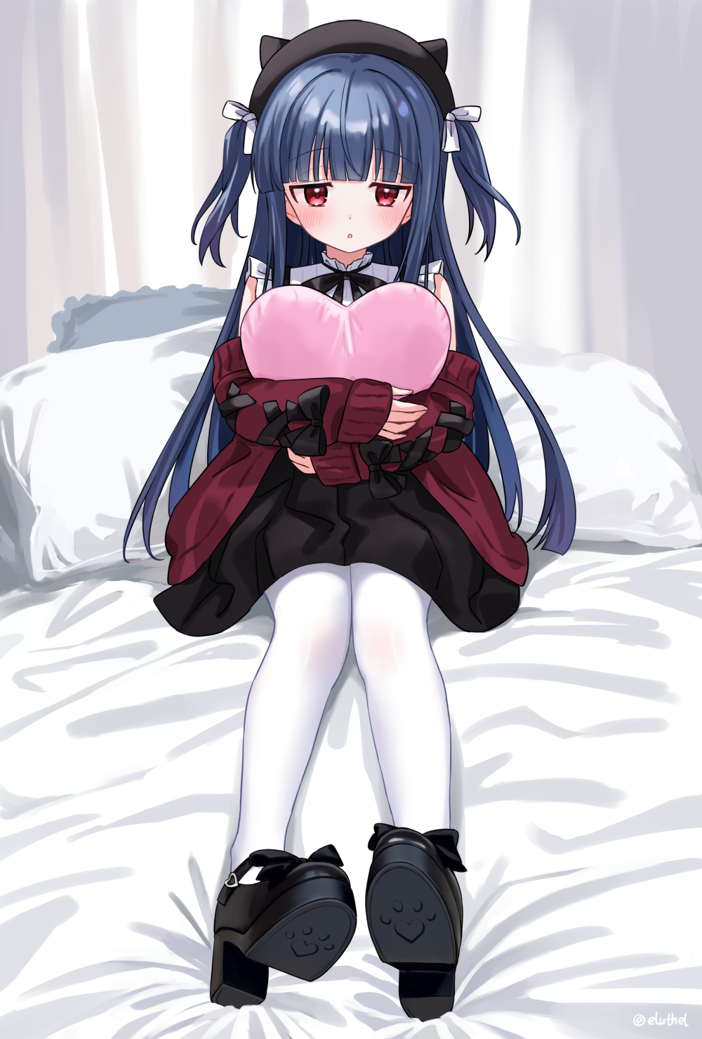 1girl black_hat black_shoes black_skirt blue_hair blunt_bangs commentary eluthel fake_horns hat heart heart-shaped_pupils highres horned_headwear horns hugging_object idolmaster idolmaster_cinderella_girls long_hair long_sleeves looking_at_viewer open_mouth pantyhose pillow platform_shoes red_eyes sajo_yukimi shirt shoes sitting skirt sleeves_past_wrists solo symbol-only_commentary symbol-shaped_pupils two_side_up white_pantyhose white_shirt