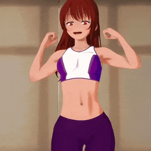 1girl 3d abs animated animated_gif dancing flex indie_game long_hair midriff_peek navel pants purple_pants red_eyes red_hair saiko-chan saiko_no_sutoka sports_bra sportswear yandere yoga_pants