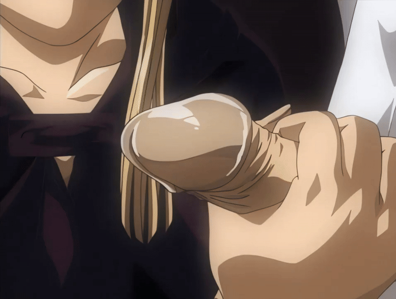 00s 1boy 1girl 2002 animated animated_gif assertive_female bible_black bible_black_night_of_the_walpulgiss blonde_hair cum ejaculation handjob hetero large_penis long_hair minase_taki penis penis_grab robe saeki_kaori smile tagme uncensored