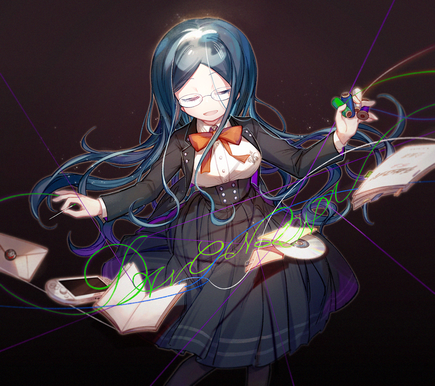 1girl black_jacket blue_hair book bow bowtie breasts cd closed_eyes collared_jacket collared_shirt commentary danganronpa_(series) danganronpa_v3:_killing_harmony dark_background disc glasses handheld_game_console hiragi_rin holding holding_needle jacket letter long_hair long_sleeves needle open_book open_mouth orange_bow orange_bowtie parted_bangs playstation_portable pleated_skirt round_eyewear school_uniform sewing_needle shirogane_tsumugi shirt skirt smile string thread very_long_hair white_shirt