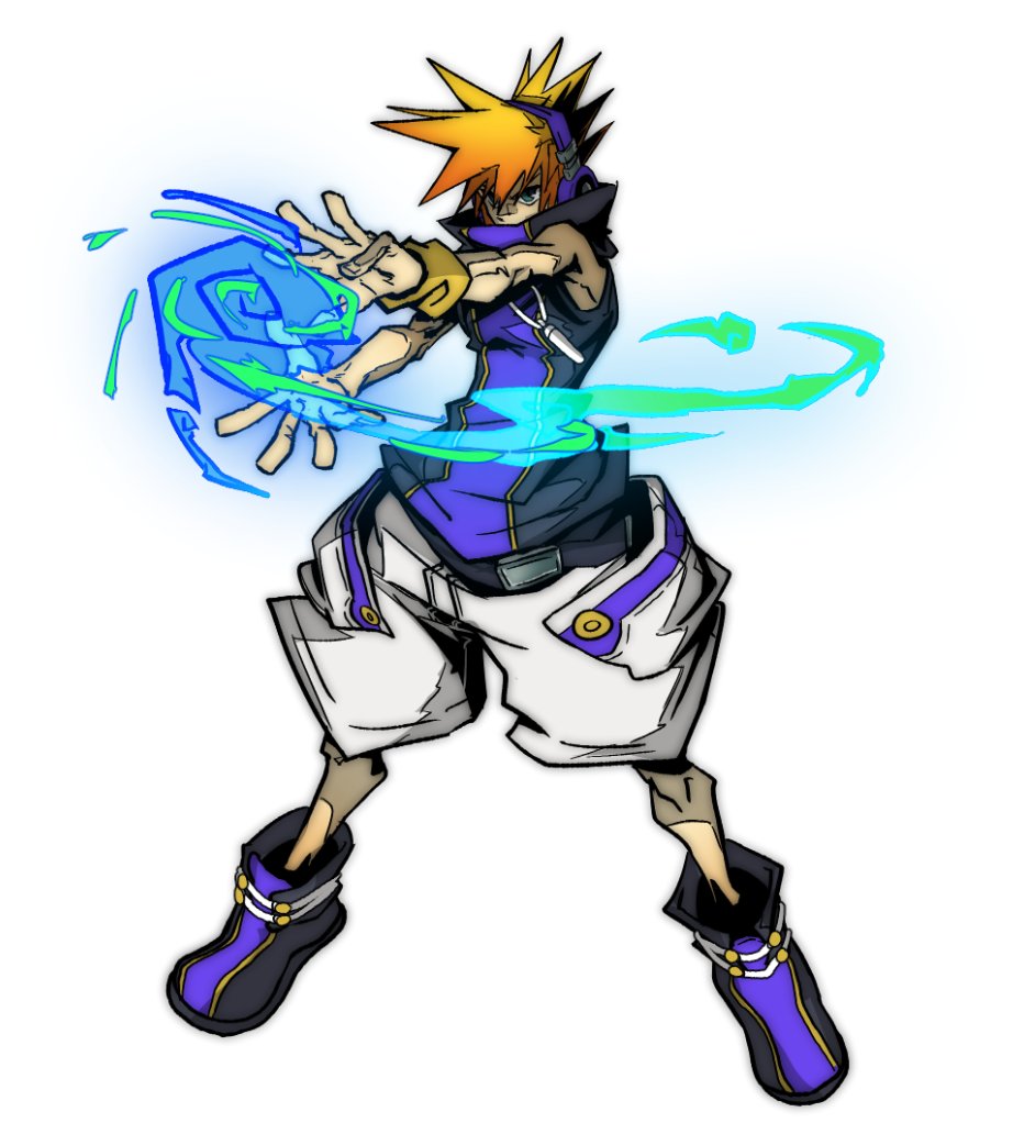 1boy belt black_shirt blue_eyes blue_fire fire headphones high_collar loose_belt mp3_player orange_hair powering_up pyrokinesis sakuraba_neku shirt shoes sleeveless sleeveless_shirt spiked_hair subarashiki_kono_sekai sweatband two-tone_shirt white_shoes