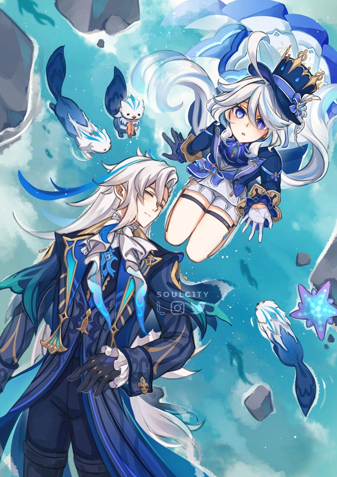 1boy 1girl :o ahoge artist_name ascot asymmetrical_bangs asymmetrical_gloves black_gloves blue_ascot blue_bow blue_coat blue_eyes blue_gem blue_gloves blue_hair blue_hat blue_jacket blue_pants blush bow brooch buttons closed_eyes closed_mouth coat commentary day drop-shaped_pupils english_commentary eyelashes fish frilled_sleeves frills furina_(genshin_impact) gaiters gem genshin_impact gloves gold_trim hair_between_eyes hair_intakes hand_up hat hat_bow heterochromia instagram_logo jacket jewelry lapels leisurely_otter_(genshin_impact) long_hair long_sleeves looking_up lumitoile_(genshin_impact) lying mismatched_gloves mismatched_pupils multicolored_hair neuvillette_(genshin_impact) on_back open_clothes open_jacket open_mouth outdoors pants parted_bangs pointy_ears rock seiza shirt short_shorts shorts sitting sleeping sleeve_cuffs soulc1ty starfish streaked_hair swept_bangs symbol-shaped_pupils thigh_strap thighhigh_gaiters thighhighs top_hat twitter_logo very_long_hair water white_ascot white_gloves white_hair white_shirt white_shorts