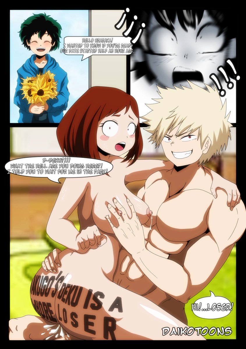 1girl 2boys ass bakugou_katsuki big_breasts blonde_hair blush boku_no_hero_academia breasts brown_eyes brown_hair bully caught cheating_(relationship) cum cum_in_pussy curvy daikotoons dekuck_(meme) english_text flower freckles grabbing_another's_breast green_eyes green_hair groping huge_ass huge_breasts midoriya_izuku multiple_boys muscular muscular_male netorare nude pussy red_eyes sex surprised tattoo tattoo_on_butt uraraka_ochako