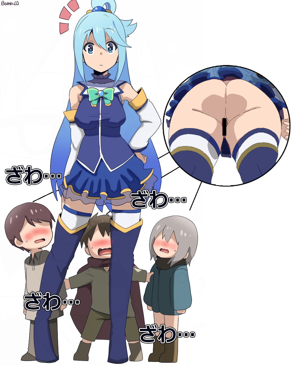 1girl 3boys age_difference aqua_(konosuba) arm_at_side artist_name ass ass_focus bambi2000line bare_legs bare_shoulders beads blue_boots blue_eyes blue_hair blue_skirt blue_vest blush boots bow bowtie breasts brown_hair censored child commentary detached_sleeves embarrassed faceless faceless_male full_body green_bow green_bowtie grey_hair hair_beads hair_between_eyes hair_ornament hair_rings hand_on_own_hip highres huge_ass implied_pantyshot kadokawa kadokawa_shoten kono_subarashii_sekai_ni_shukufuku_wo! legs long_hair long_sleeves medium_breasts miniskirt multiple_boys no_panties notice_lines open_mouth perineum pussy shota simple_background single_hair_ring size_difference skirt standing straight_shota studio_deen taut_clothes thigh_boots thighhighs thighhighs_under_boots translated very_long_hair vest white_background white_thighhighs zettai_ryouiki