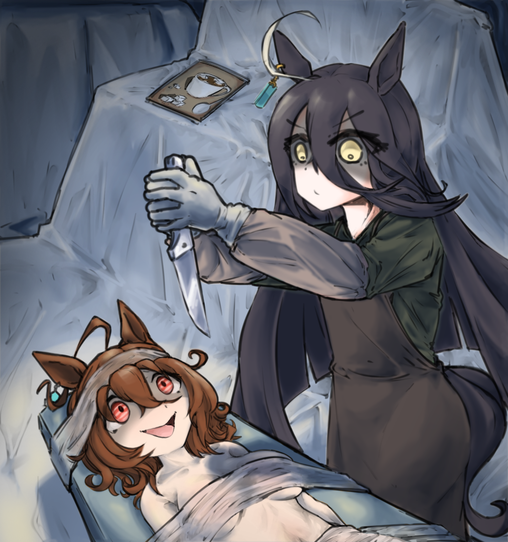 :/ agnes_tachyon_(umamusume) ahoge apron black_hair blunt_ends breasts brown_hair closed_mouth dexter_(tv_series) ear_ornament ear_tag earrings elbow_gloves gloves green_apron green_shirt grey_gloves hair_between_eyes holding holding_knife holding_weapon jewelry knife latex latex_gloves long_bangs long_hair long_hair_between_eyes manhattan_cafe_(umamusume) manny_mcmannington medical_scrubs medium_breasts multicolored_hair nude on_bed open_mouth operating_table red_eyes scene_reference shirt single_earring smile table umamusume very_long_hair weapon white_gloves white_hair yellow_eyes