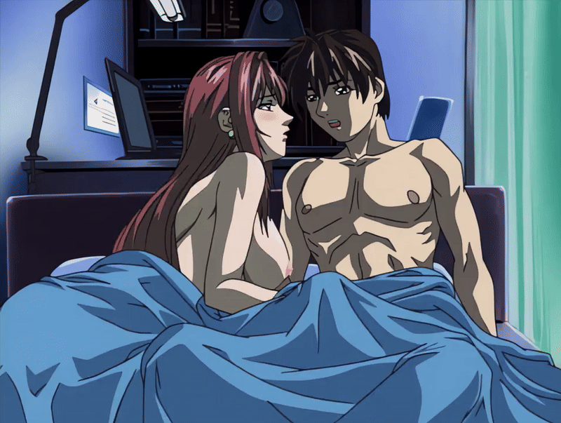 00s 1boy 1girl 2002 abs age_difference animated animated_gif anime_screenshot bed bed_sheet bible_black bible_black_night_of_the_walpulgiss blush breasts brown_hair computer curtains earrings handjob hetero jewelry laptop large_breasts long_hair mature_female minase_taki muscular muscular_male naked_sheet nipples nude older_female_and_younger_male pectorals penis red_hair short_hair tagme takashiro_hiroko teacher teacher_and_student uncensored under_covers