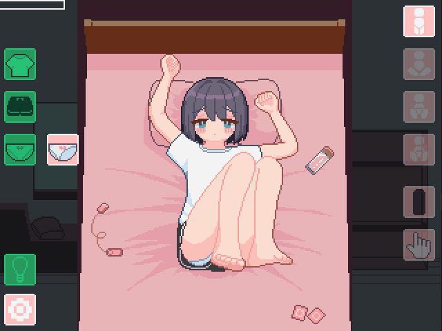 1girl animated animated_gif arms_up barefoot bed black_hair black_shorts blue_eyes blush bow bow_panties feet female_focus gameplay_mechanics gluteal_fold loli looking_at_viewer lying on_back original panties partially_visible_vulva pillow pixel_art sex_toy shirt short_hair shorts solo sotie spread_legs striped_clothes striped_panties toes underwear undressing user_interface vibrator white_shirt