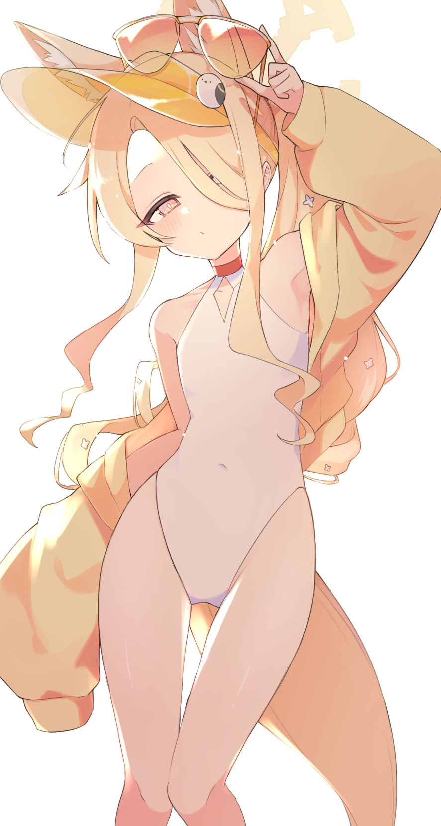 1girl animal_ear_fluff animal_ears arm_up armpits bare_legs bare_shoulders blonde_hair blue_archive choker cleavage_cutout closed_mouth clothes_down clothing_cutout collarbone covered_navel cowboy_shot cross_halo curtained_hair diamond_(shape) diamond_cutout dot_mouth dot_nose extra_ears feet_out_of_frame flat_chest fox_ears fox_girl fox_tail hair_ornament hair_over_one_eye half-closed_eyes halo halterneck highleg highleg_one-piece_swimsuit highres jacket jacket_over_swimsuit knees_together_feet_apart light_blush loli long_bangs long_hair long_sidelocks looking_at_viewer loosely_tucked_bangs narrowed_eyes official_alternate_costume official_alternate_hairstyle one-piece_swimsuit open_clothes open_jacket orange-tinted_eyewear parted_bangs red_choker removing_eyewear seia_(blue_archive) seia_(swimsuit)_(blue_archive) shell shell_hair_ornament side_ponytail sidelocks simple_background single_sleeve_past_fingers solo sunglasses swimsuit tail thigh_gap tinted_eyewear tonikaku_kaku visor_cap wavy_hair white_background white_one-piece_swimsuit yellow_halo yellow_jacket