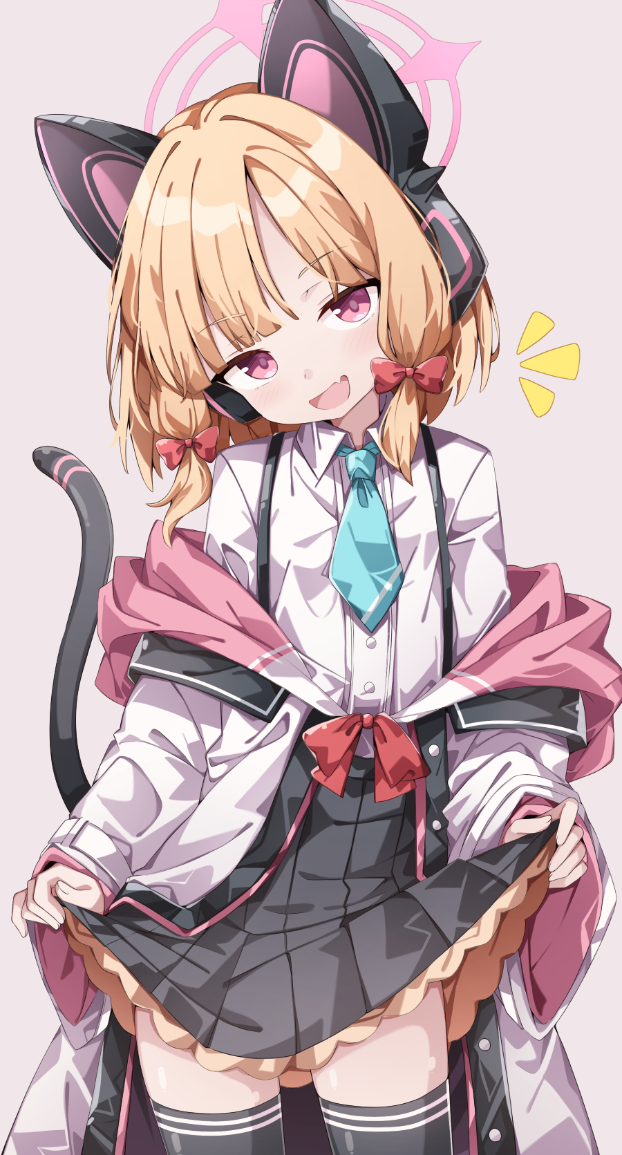 1girl animal_ear_headphones animal_ears black_thighhighs blonde_hair blue_archive blue_necktie bow commentary_request fake_animal_ears halo headphones highres momoi_(blue_archive) necktie paid_reward_available partial_commentary sabana shirt skirt solo tail thighhighs white_shirt