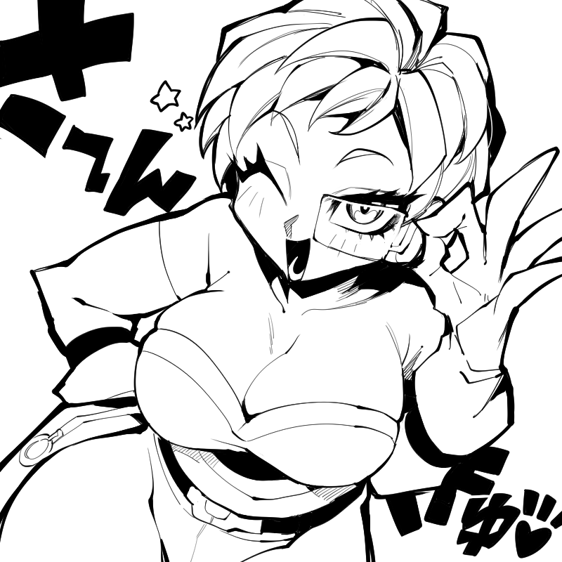 1girl armor bag belt breasts cheelai cleavage commentary_request dragon_ball dragon_ball_super dragon_ball_super_broly gloves hand_on_own_hip haseko123 hatching_(texture) heart large_breasts looking_at_viewer monochrome ok_sign one_eye_closed open_mouth pixie_cut scouter short_hair short_sleeves smile solo star_(symbol) translation_request wide_hips