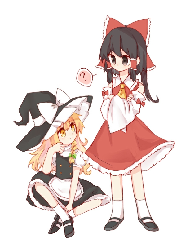 2girls ? apron ascot black_eyes black_hair black_hat black_shoes black_skirt black_vest blonde_hair bow braid chinese_commentary commentary_request crossed_arms detached_sleeves eye_contact frilled_bow frilled_hair_tubes frilled_skirt frills green_bow hair_bow hair_tubes hakurei_reimu hat hat_bow kirisame_marisa long_hair looking_at_another mary_janes multiple_girls nizi_nnz puffy_short_sleeves puffy_sleeves red_bow red_skirt shoes short_sleeves side_braid simple_background single_braid sitting skirt skirt_set smile socks spoken_question_mark touhou vest waist_apron white_apron white_background white_bow white_socks witch_hat yellow_ascot yellow_eyes